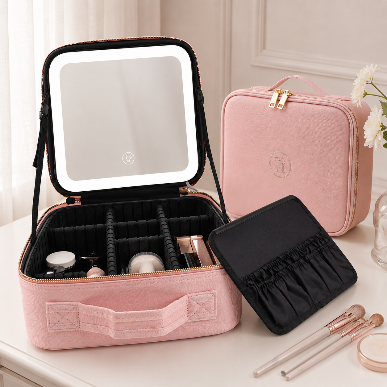 Organizador de maquillaje portátil con espejo LED