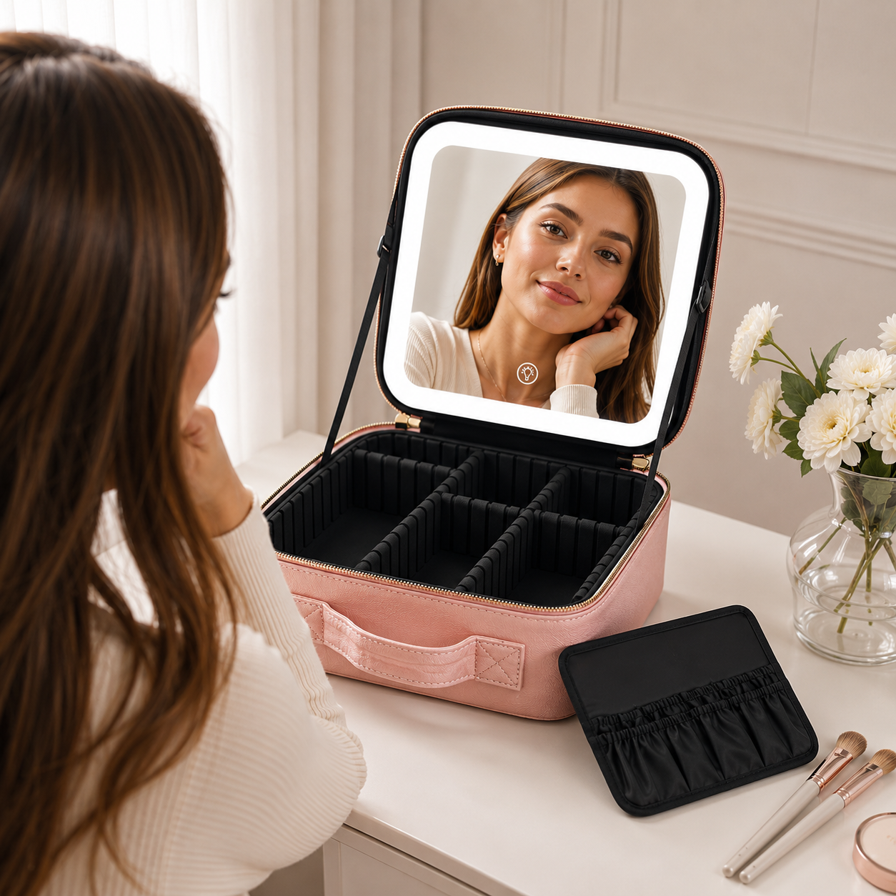 Organizador de maquillaje portátil con espejo LED